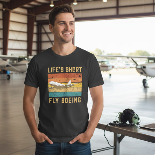 Statement Unisex T-Shirt mit Retro-Streifen & "Life's Short Fly Boeing" – Dein Statement für die Fliegerei