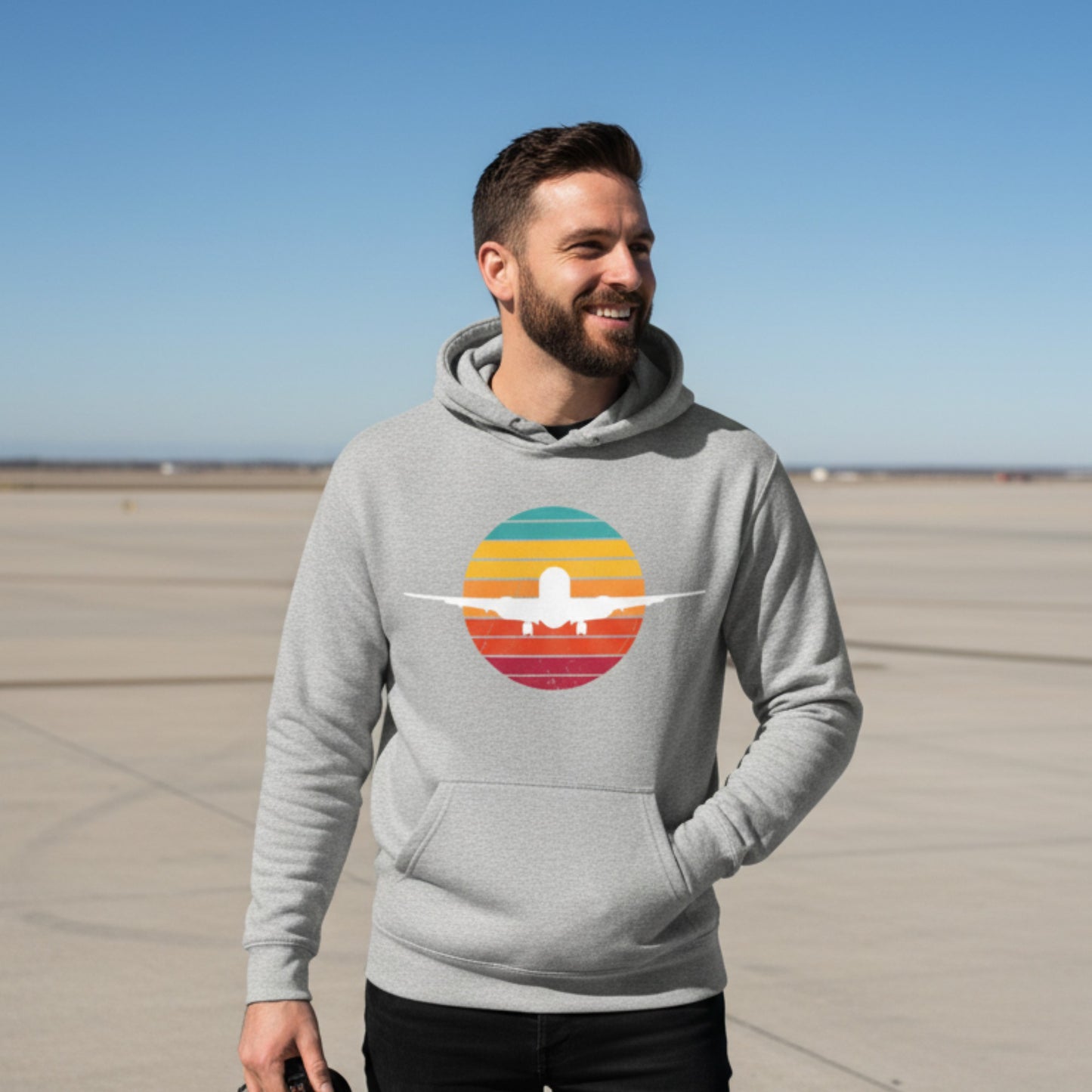 Sonnenuntergang Premium Hoodie mit Flugzeug-Silhouette - Vintage-Design für Flugbegeisterte