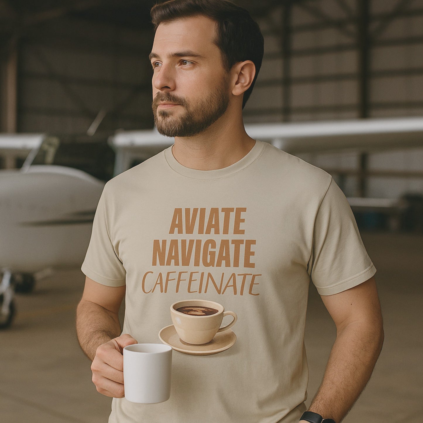 Piloten 100% Bio-Baumwoll Unisex T-Shirt – Aviate Navigate Caffeinate. Du brauchst deinen Kaffee zum Fliegen.